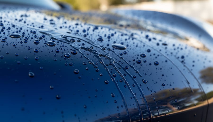 Close view of an EV’s hood with water beading on a glossy ceramic-coated clearcoat surface
