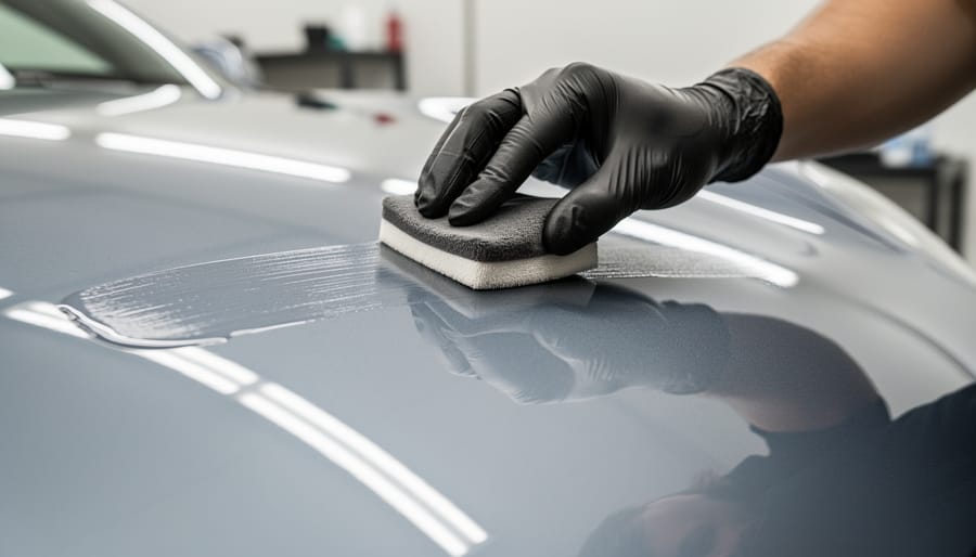 Hand applying a ceramic coating pad onto an EV paint panel with glossy reflections