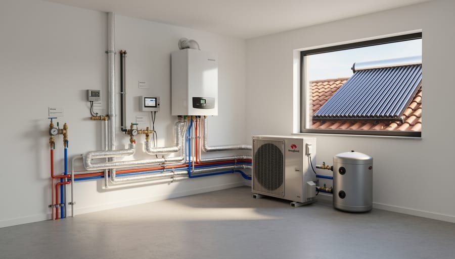 Residential exterior showing an outdoor heat pump unit and nearby roof-mounted sustainable heating components