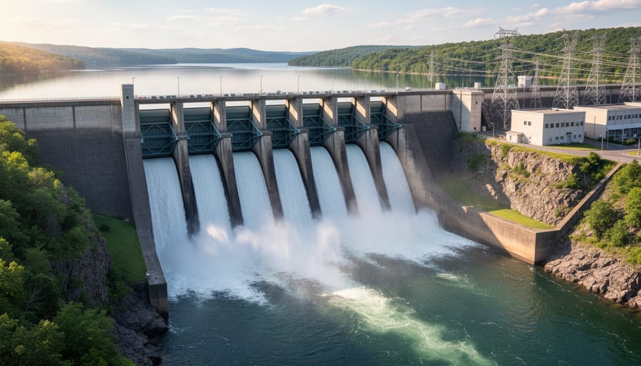 Wide view of a concrete hydropower dam with water spilling over the spillway under an overcast sky