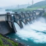 Hydropower dam releasing water into a fast-flowing river, representing reliable electricity generation from stored and moving water.