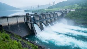 Hydropower dam releasing water into a fast-flowing river, representing reliable electricity generation from stored and moving water.