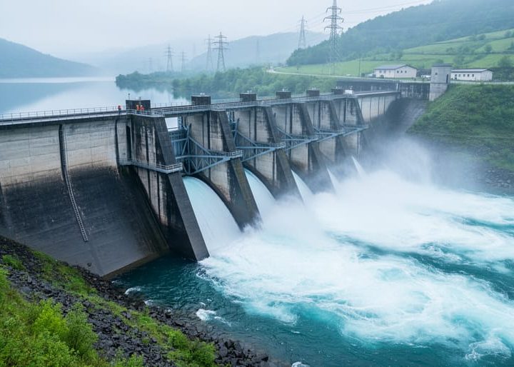 Hydropower dam releasing water into a fast-flowing river, representing reliable electricity generation from stored and moving water.