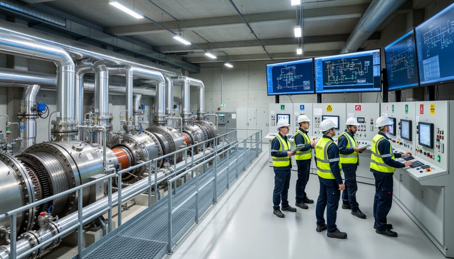 Hydropower plant technicians wearing hard hats near a turbine generator on the turbine floor