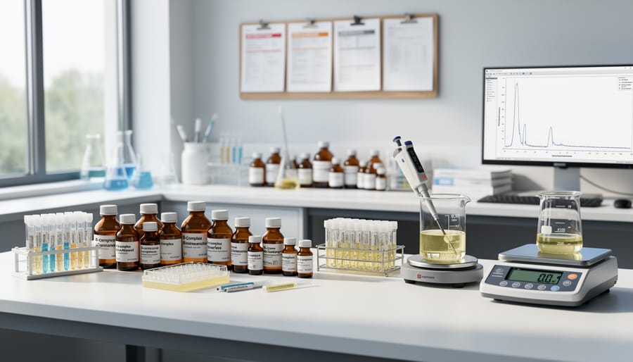 Vials, pipettes, and a laboratory balance on a clean bench under soft light