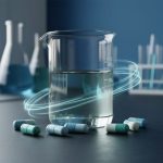 Laboratory beaker and capsules on a dark bench with subtle glowing light trails suggesting biochemical activity, representing lesser-known B-complex compounds.