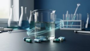 Laboratory beaker and capsules on a dark bench with subtle glowing light trails suggesting biochemical activity, representing lesser-known B-complex compounds.
