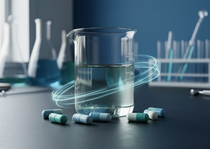 Laboratory beaker and capsules on a dark bench with subtle glowing light trails suggesting biochemical activity, representing lesser-known B-complex compounds.