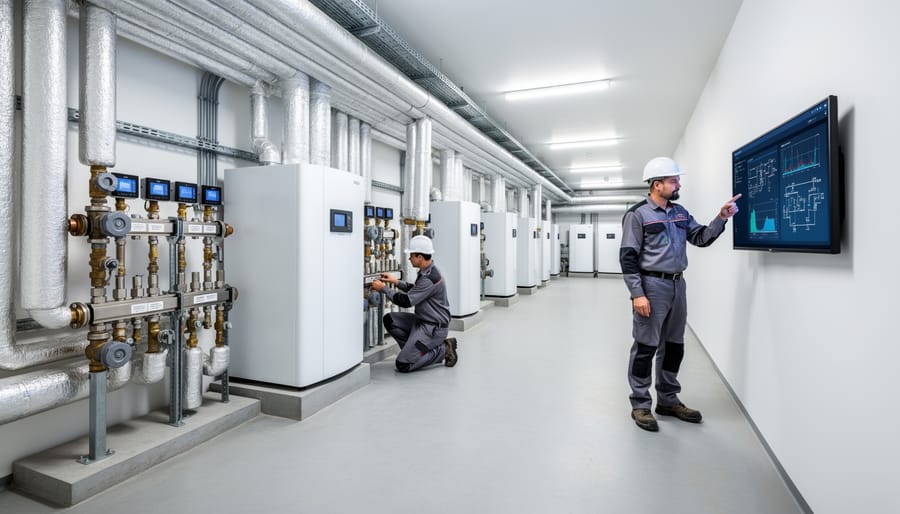 Heat pump equipment and a wall thermostat in a residential mechanical room