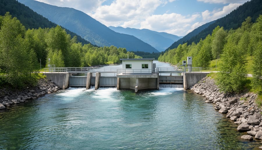 Mountain river flowing past a small run-of-river hydropower intake with forested hills in the background