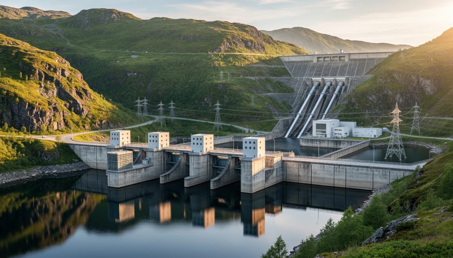 Golden hour view of a pumped-storage hydropower reservoir with calm water and distant facilities