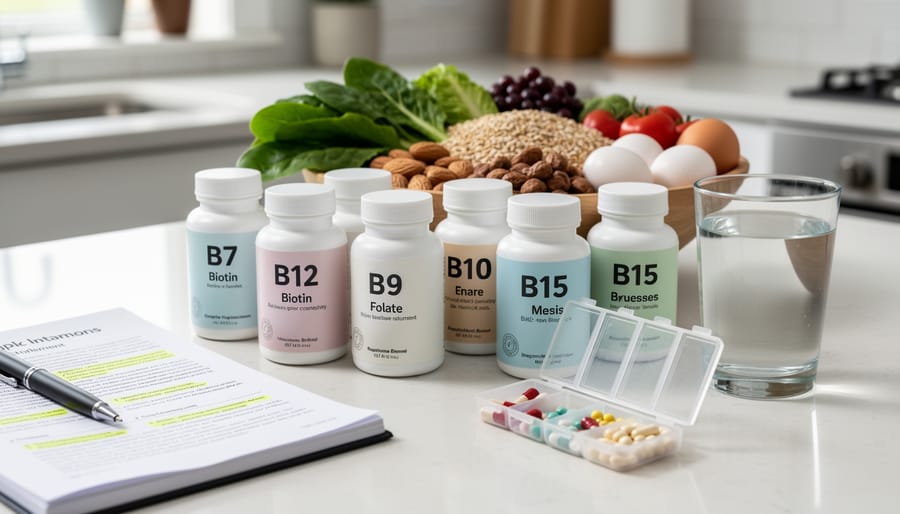 Bottles of supplements and a glass of water on a wooden counter without readable labels