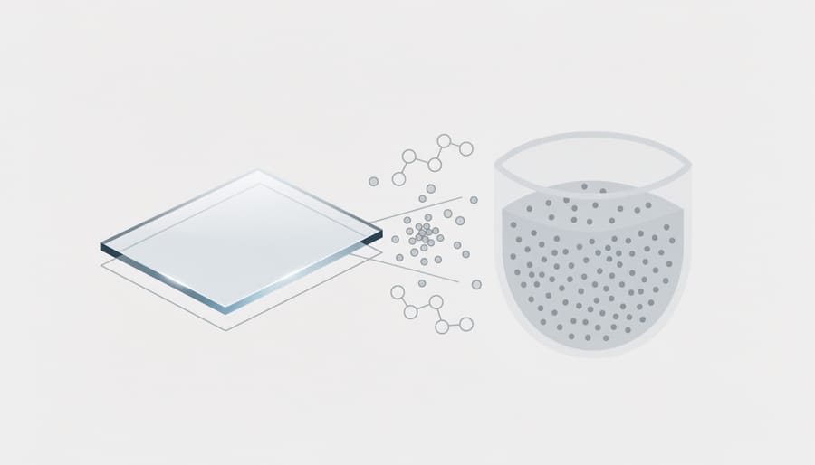 Clear beaker with a shimmering silica-like suspension and a pristine clearcoat swatch on a lab-style workbench