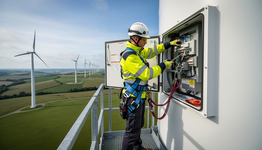 Wind turbine technician in safety gear standing on a maintenance platform with turbines in the background.