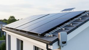 Residential rooftop solar panels installed on a modern home, with sunlight reflecting off the photovoltaic glass and an inverter nearby.