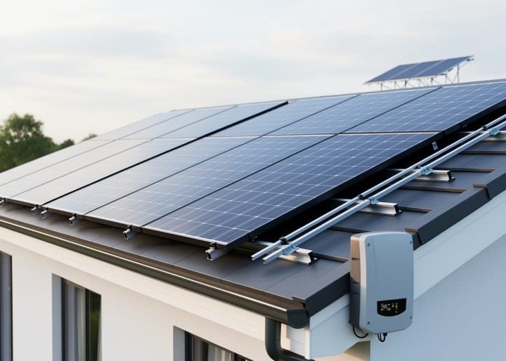 Residential rooftop solar panels installed on a modern home, with sunlight reflecting off the photovoltaic glass and an inverter nearby.