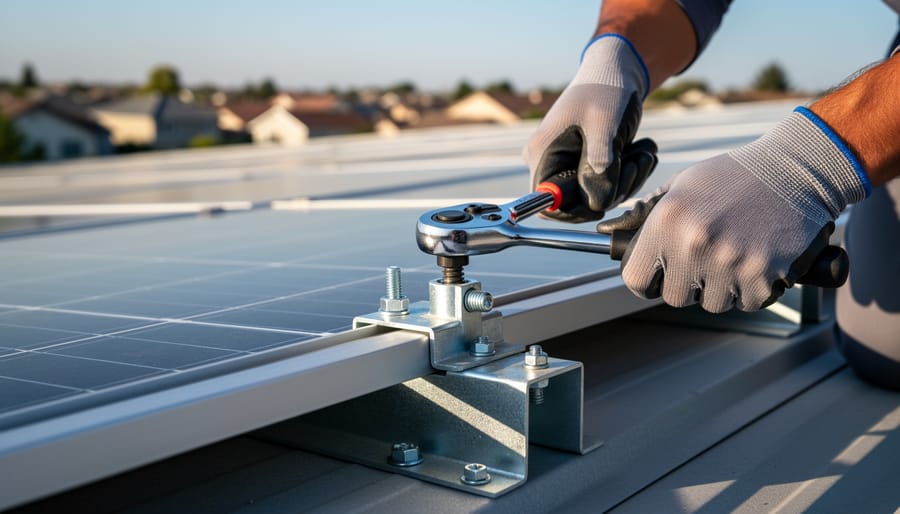 Installer’s hands adjusting solar mounting hardware near rooftop solar panels