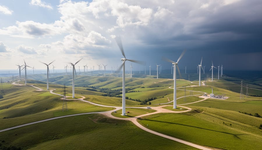Wind turbines at a utility-scale wind farm on a coastal landscape under an overcast sky