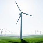 Modern wind turbines in a wind farm under an overcast sky, viewed from ground level with one turbine in sharp focus.