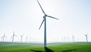 Modern wind turbines in a wind farm under an overcast sky, viewed from ground level with one turbine in sharp focus.