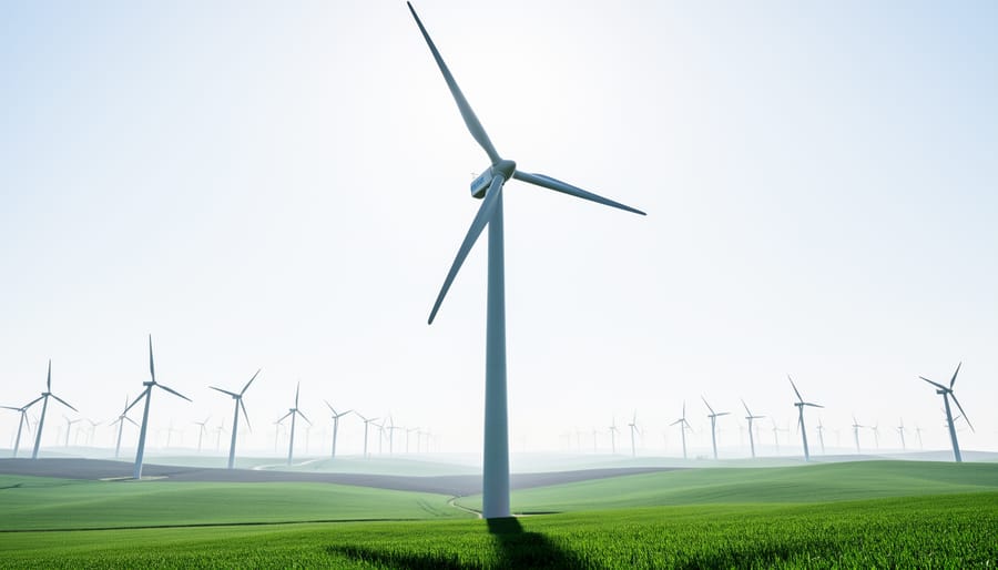 Modern wind turbines in a wind farm under an overcast sky, viewed from ground level with one turbine in sharp focus.