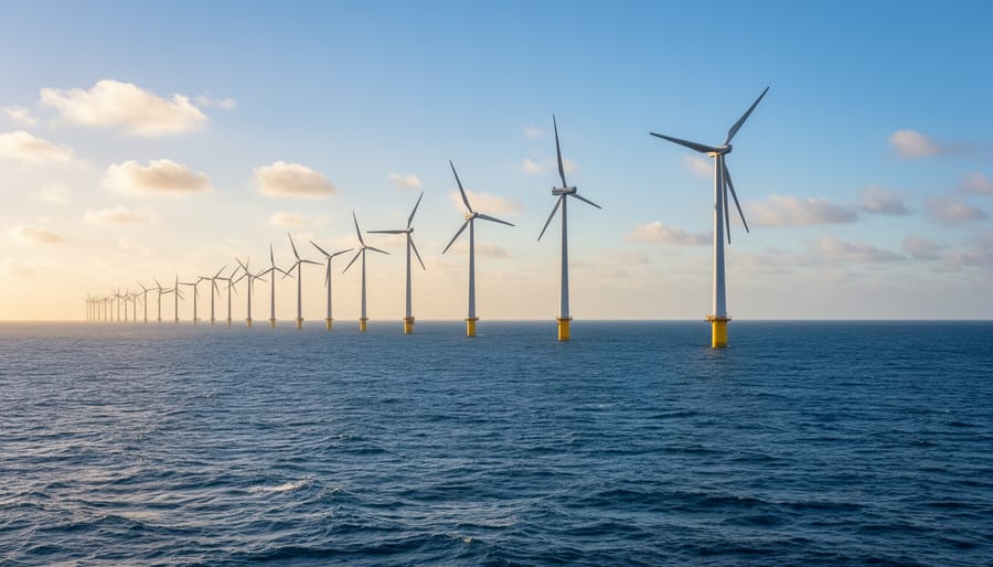 Low-angle view of an offshore wind turbine with rough ocean water and spray