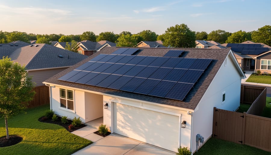 Residential rooftop solar panels installed on a modern house under golden hour sunlight