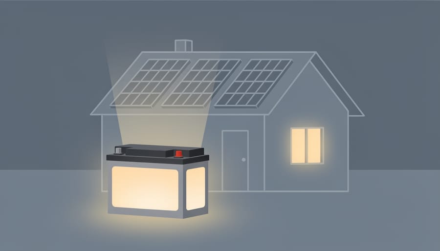Battery backup unit glowing softly in the foreground while a home interior remains lit