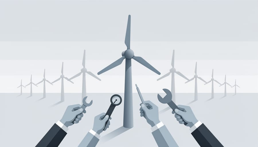 Wind technician in high-visibility gear working near a wind turbine nacelle