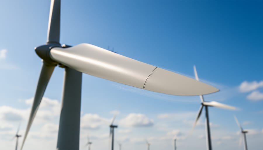 Close-up view of a wind turbine blade showing its surface texture and aerodynamic leading edge