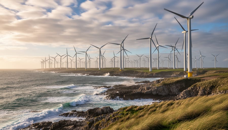 Modern wind turbines near a coastline at golden hour with blades rotating against the ocean horizon