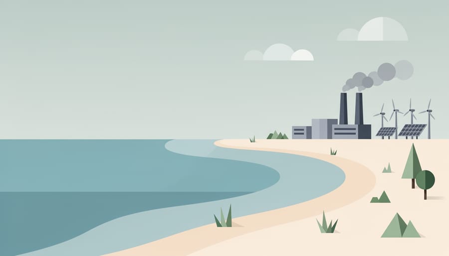 Coastal landscape showing nature in the foreground with distant industrial structures in the background.