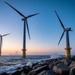“Three-blade wind turbines offshore at dusk with ocean waves and a rocky shoreline turbine in the foreground.”