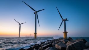 “Three-blade wind turbines offshore at dusk with ocean waves and a rocky shoreline turbine in the foreground.”