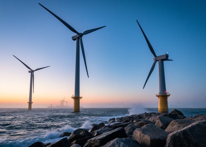 “Three-blade wind turbines offshore at dusk with ocean waves and a rocky shoreline turbine in the foreground.”