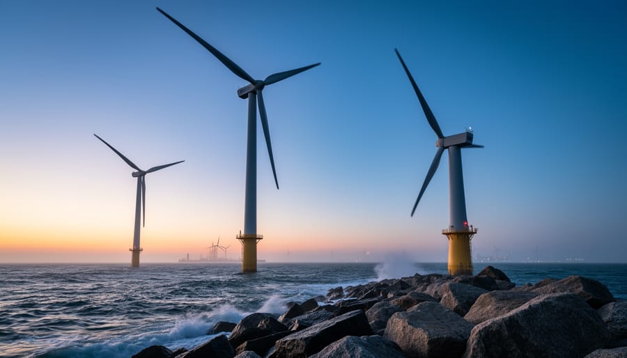 “Three-blade wind turbines offshore at dusk with ocean waves and a rocky shoreline turbine in the foreground.”
