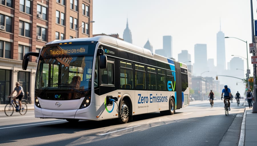 Electric bus parked along a curb showing zero tailpipe emissions concept.
