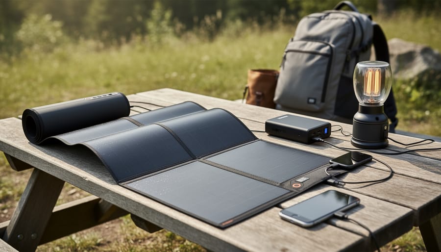 Flexible solar panel shown close-up in a portable outdoor or workshop setting.