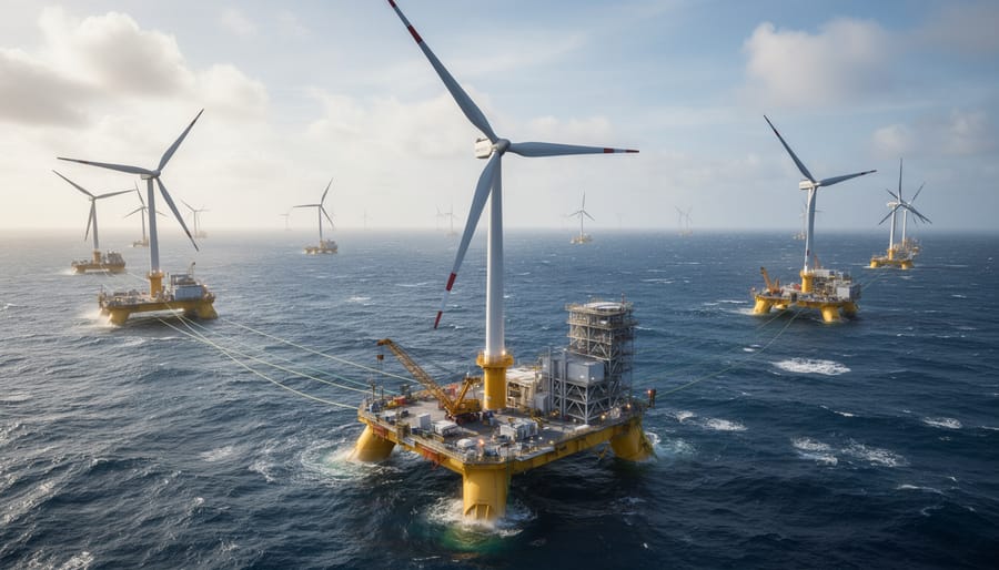 Wind turbine mounted on a floating offshore platform in open water under an overcast sky