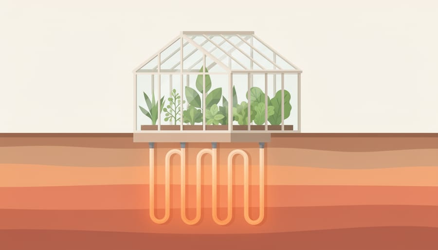 Greenhouse interior with thriving leafy greens and condensation on glass suggesting geothermal heating