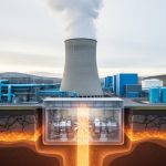 Geothermal power plant with steam plume and a subtle cross-section view suggesting underground heat powering a turbine-generator system.