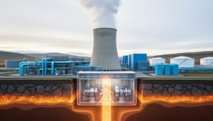 Geothermal power plant with steam plume and a subtle cross-section view suggesting underground heat powering a turbine-generator system.