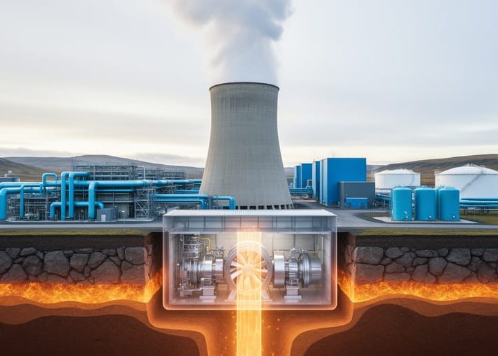 Geothermal power plant with steam plume and a subtle cross-section view suggesting underground heat powering a turbine-generator system.