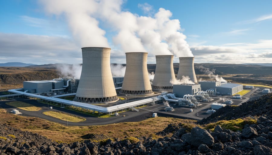 Wide view of a geothermal power plant with cooling towers and steam rising from production equipment