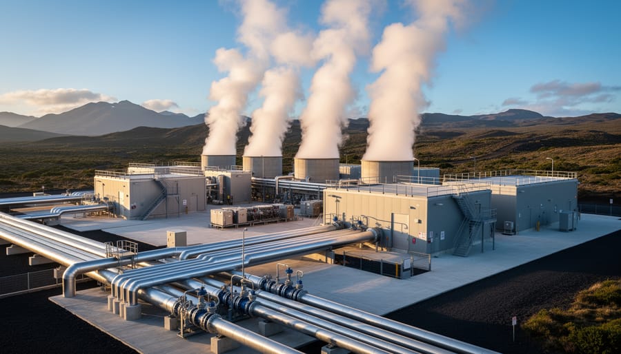 Geothermal power plant with cooling towers and steam rising in a landscape
