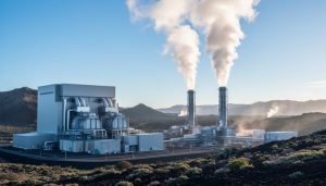 Geothermal power plant with steam rising from vent stacks and turbines under soft daylight, set against volcanic hills.