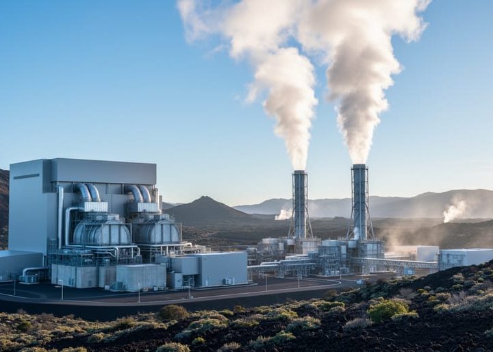 Geothermal power plant with steam rising from vent stacks and turbines under soft daylight, set against volcanic hills.