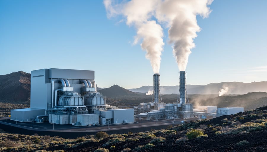 Geothermal power plant with steam rising from vent stacks and turbines under soft daylight, set against volcanic hills.