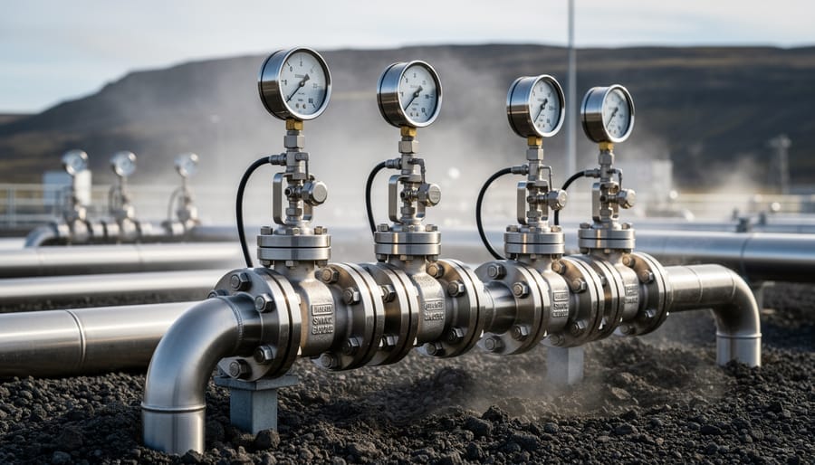 Close view of geothermal wellhead equipment with pipes and insulated hardware near volcanic rock