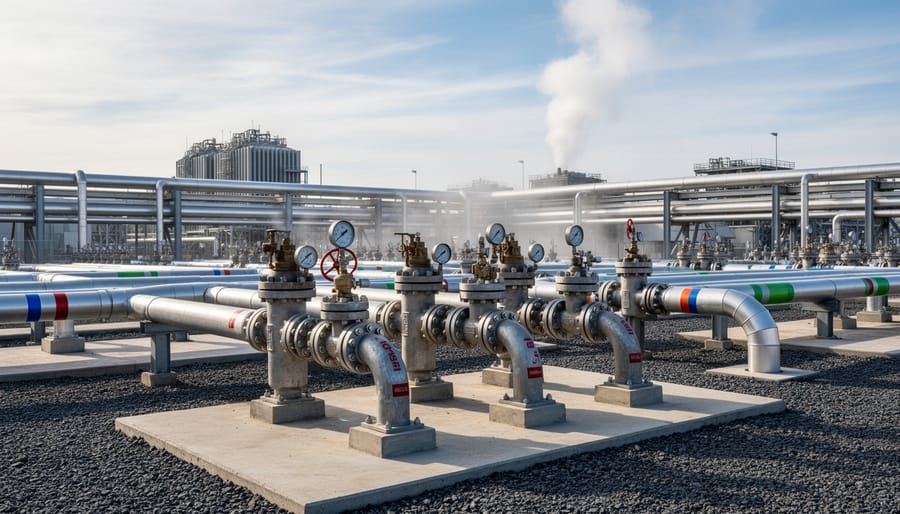Close-up view of geothermal wellheads and insulated piping with valves and flanges